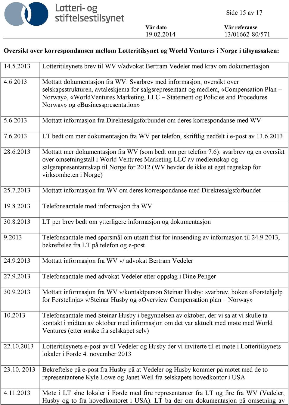 LLC Statement og Policies and Procedures Norway» og «Businesspresentation» 5.6.2013 Mottatt informasjon fra Direktesalgsforbundet om deres korrespondanse med WV 7.6.2013 LT bedt om mer dokumentasjon fra WV per telefon, skriftlig nedfelt i e-post av 13.