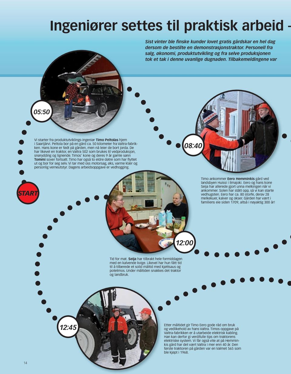 Tilbakemeldingene var 05:50 Vi starter fra produktutviklings-ingeniør Timo Peltolas hjem i Saarijärvi. Peltola bor på en gård ca. 50 kilometer fra Valtra-fabrikken.