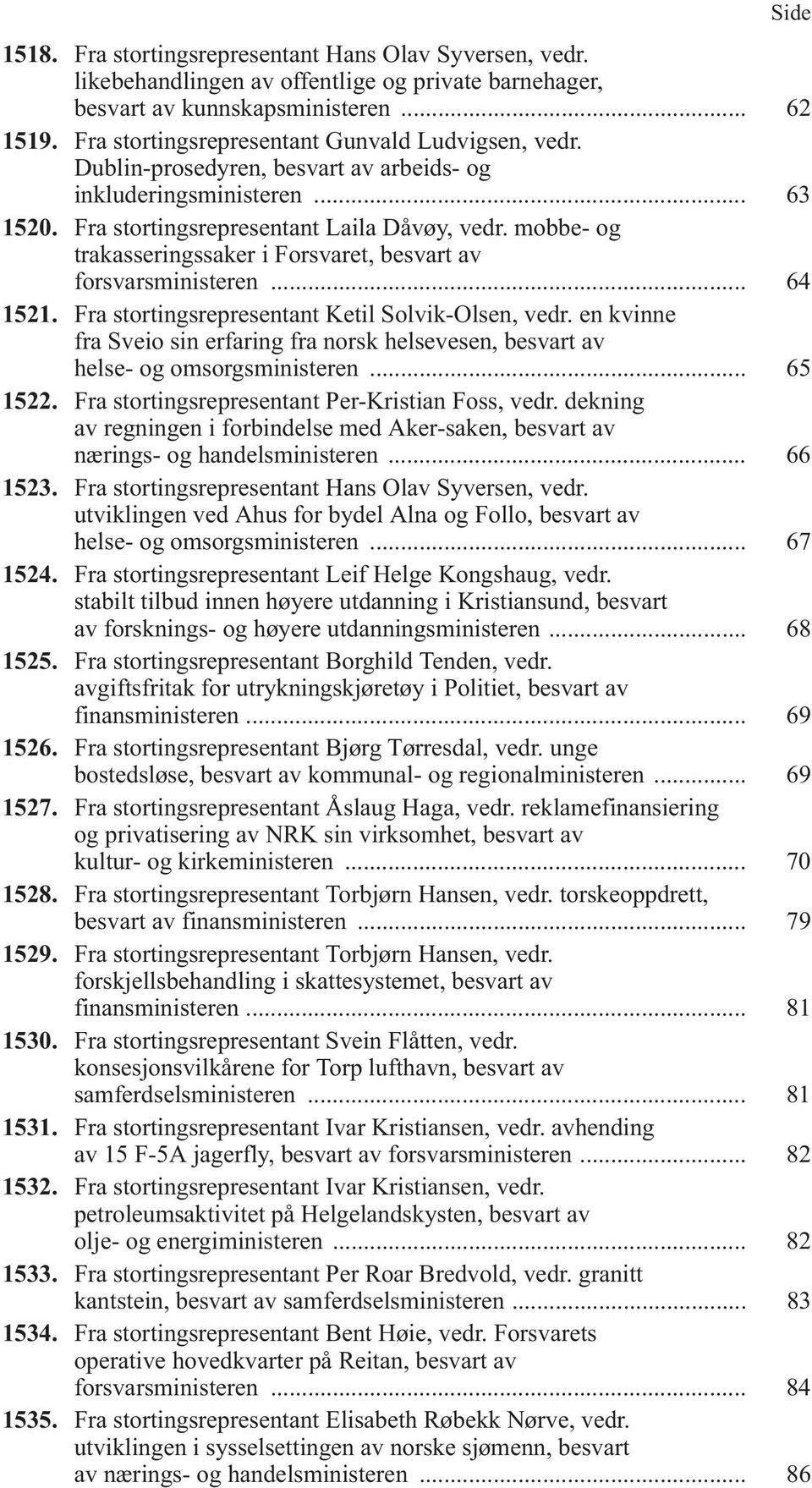 mobbe- og trakasseringssaker i Forsvaret, besvart av forsvarsministeren... 64 1521. Fra stortingsrepresentant Ketil Solvik-Olsen, vedr.