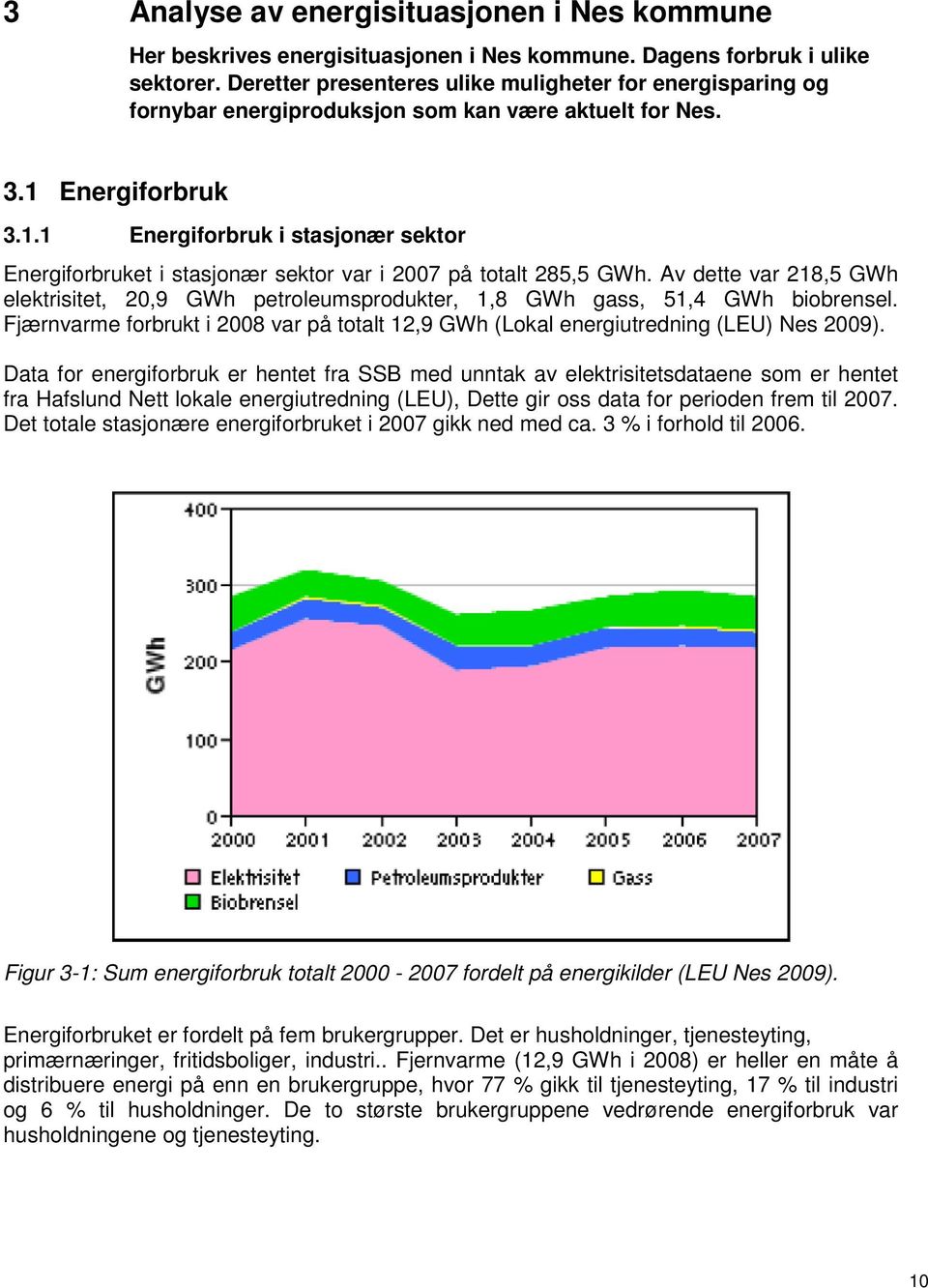 Energiforbruk 3.1.1 Energiforbruk i stasjonær sektor Energiforbruket i stasjonær sektor var i 2007 på totalt 285,5 GWh.
