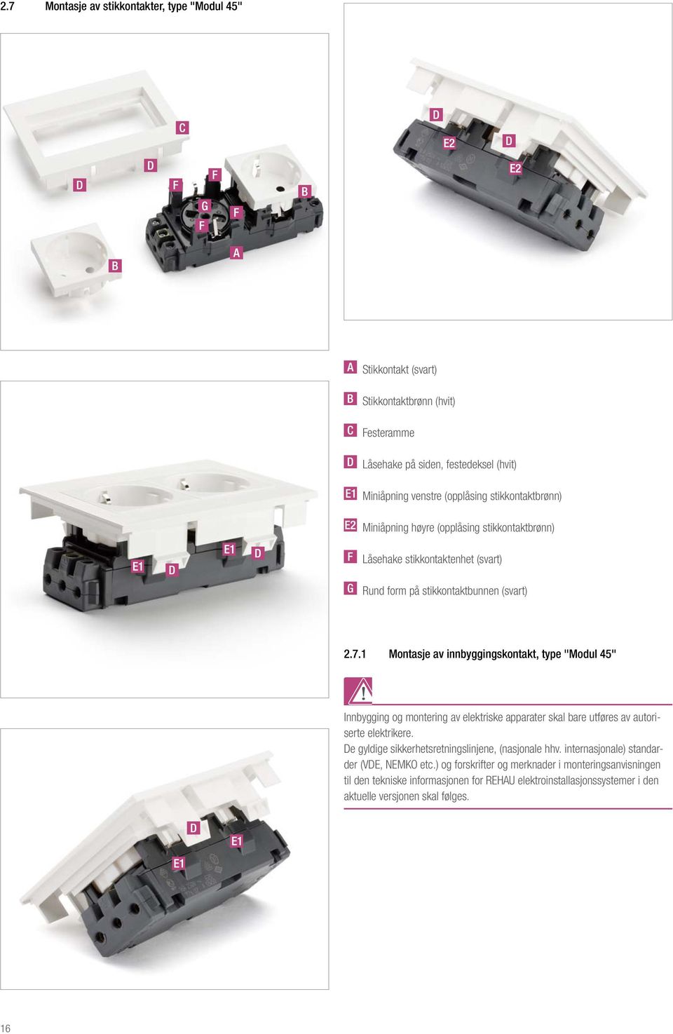 1 Montasje av innbyggingskontakt, type "Modul 45" Innbygging og montering av elektriske apparater skal bare utføres av autoriserte elektrikere.