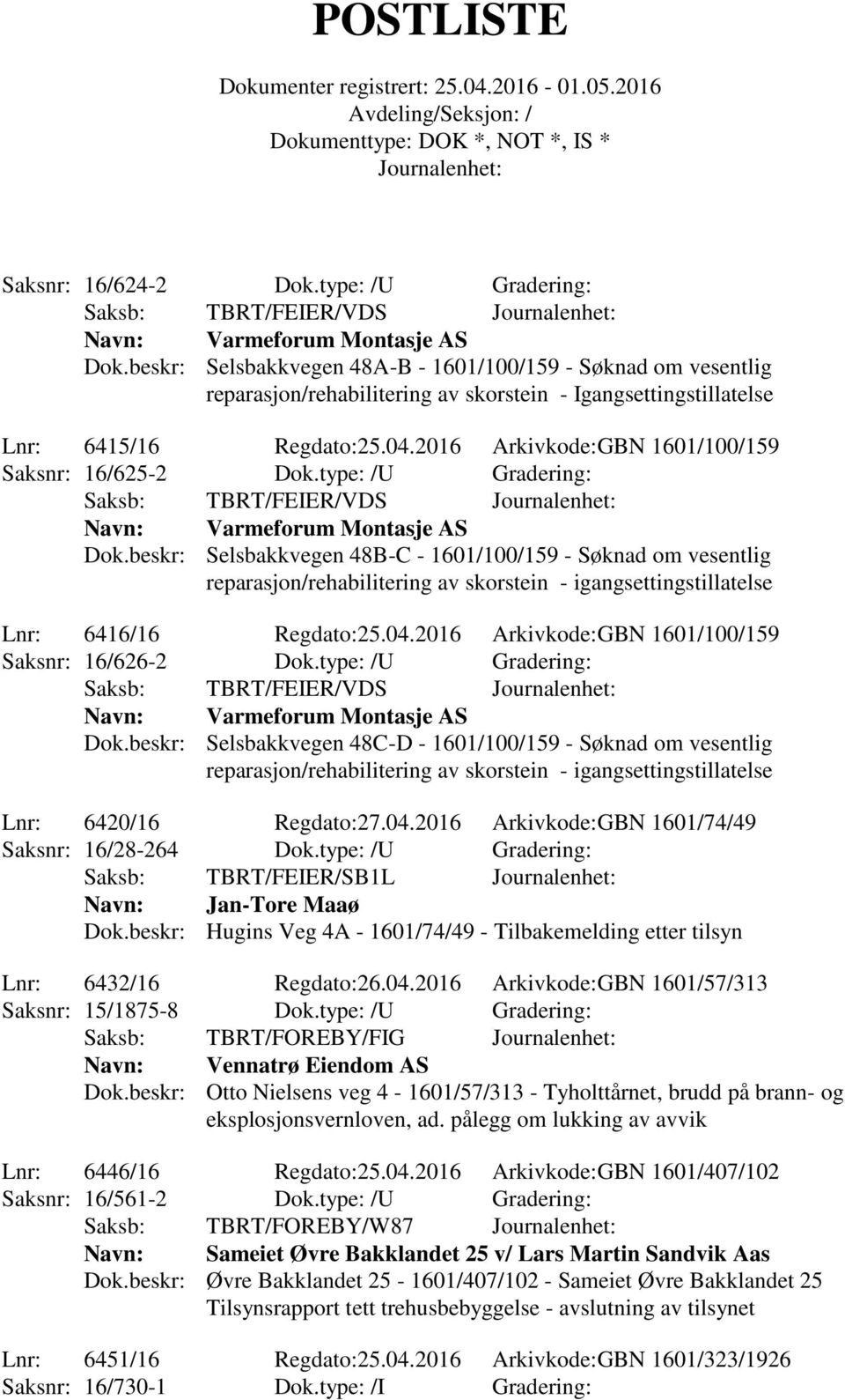 beskr: Selsbakkvegen 48B-C - 1601/100/159 - Søknad om vesentlig reparasjon/rehabilitering av skorstein - igangsettingstillatelse Lnr: 6416/16 Regdato:25.04.