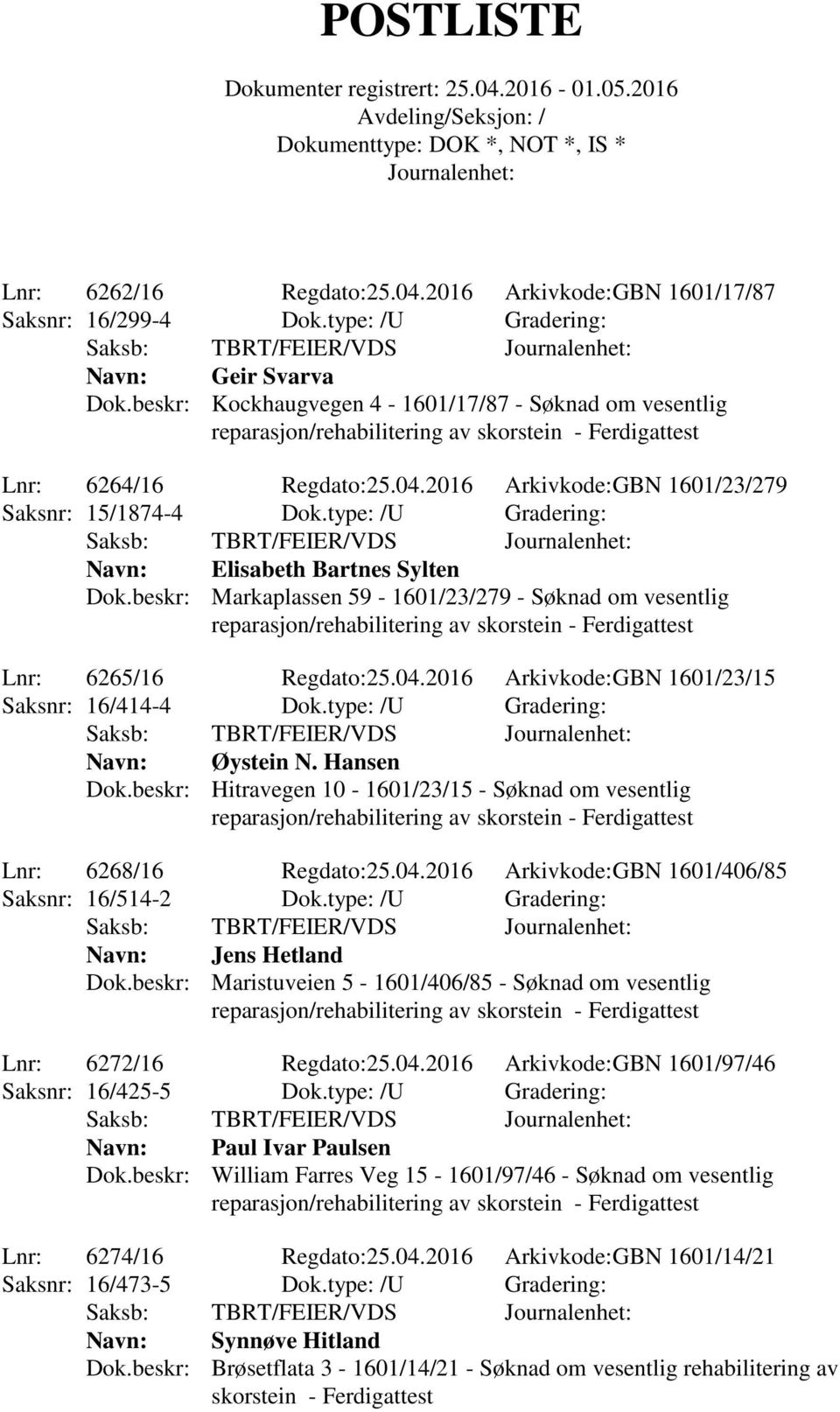 type: /U Gradering: Elisabeth Bartnes Sylten Dok.beskr: Markaplassen 59-1601/23/279 - Søknad om vesentlig reparasjon/rehabilitering av skorstein - Ferdigattest Lnr: 6265/16 Regdato:25.04.