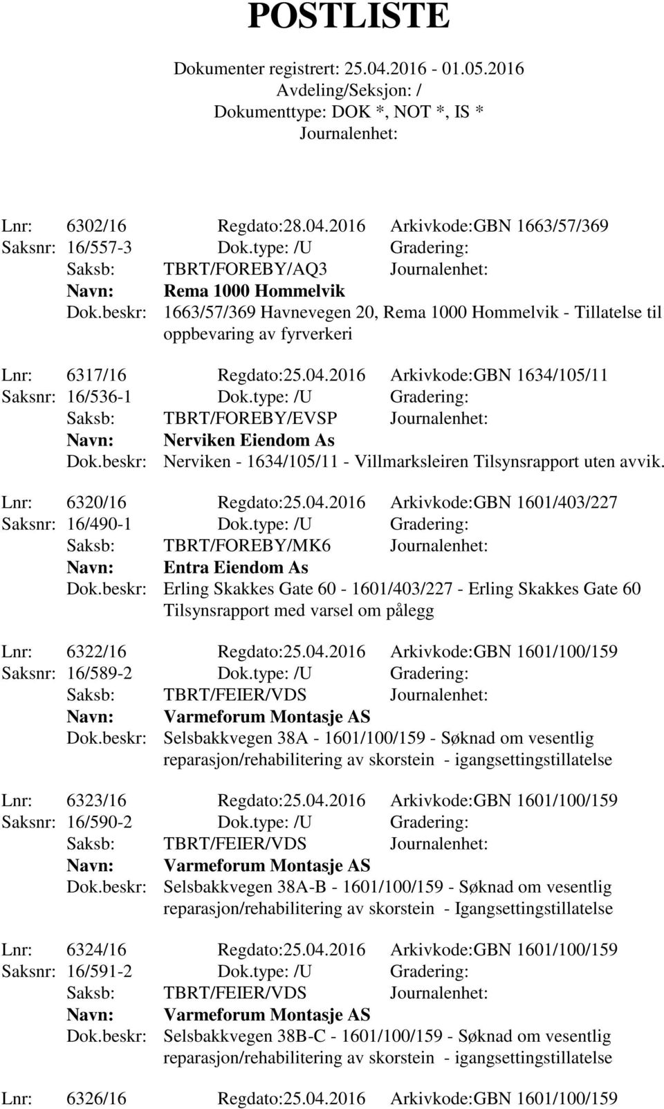 type: /U Gradering: Saksb: TBRT/FOREBY/EVSP Nerviken Eiendom As Dok.beskr: Nerviken - 1634/105/11 - Villmarksleiren Tilsynsrapport uten avvik. Lnr: 6320/16 Regdato:25.04.