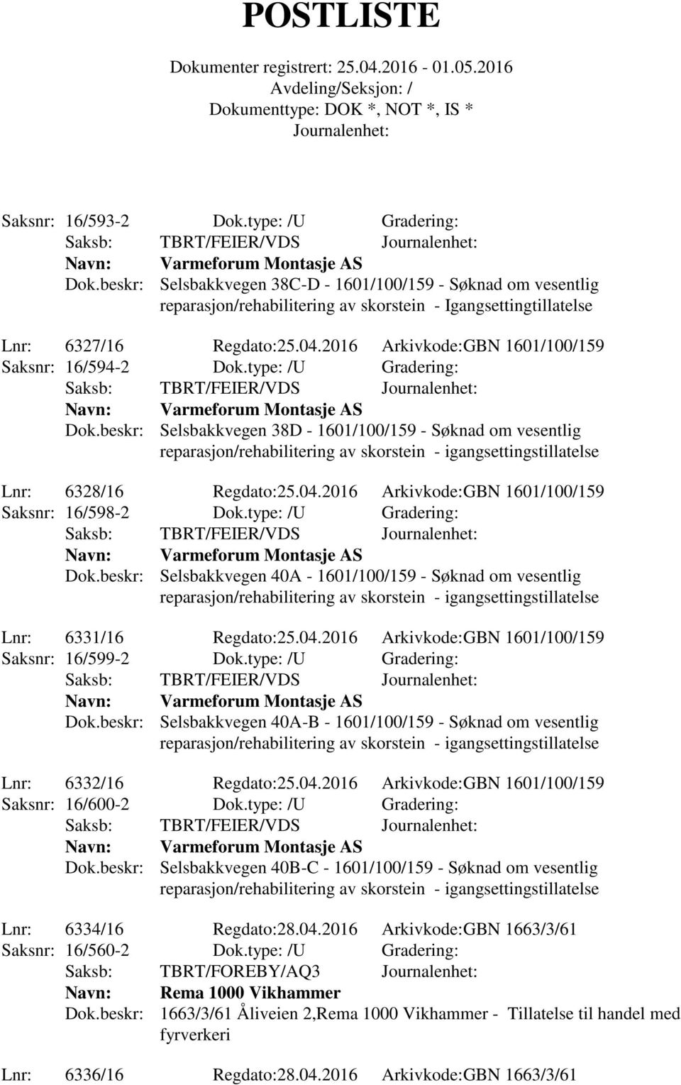 beskr: Selsbakkvegen 38D - 1601/100/159 - Søknad om vesentlig reparasjon/rehabilitering av skorstein - igangsettingstillatelse Lnr: 6328/16 Regdato:25.04.