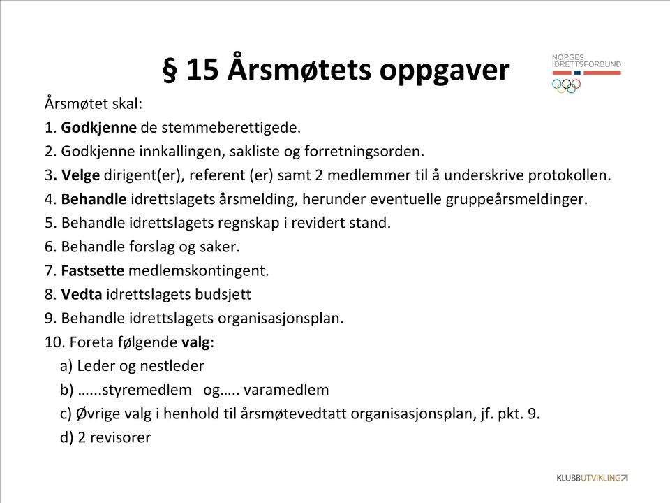 Behandle idrettslagets regnskap i revidert stand. 6. Behandle forslag og saker. 7. Fastsette medlemskontingent. 8. Vedta idrettslagets budsjett 9.