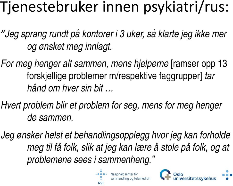 For meg henger alt sammen, mens hjelperne [ramser opp 13 forskjellige problemer m/respektive faggrupper] tar hånd om