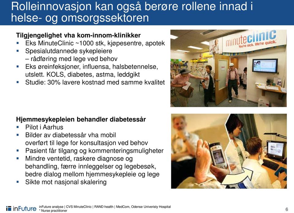 KOLS, diabetes, astma, leddgikt Studie: 30% lavere kostnad med samme kvalitet Hjemmesykepleien behandler diabetessår Pilot i Aarhus Bilder av diabetessår vha mobil overført til lege for