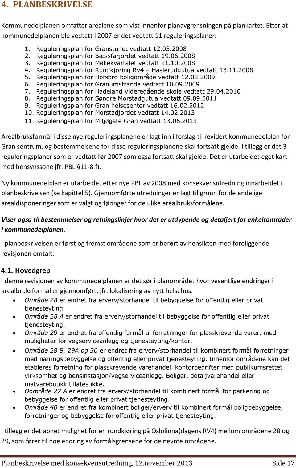 Reguleringsplan for Rundkjøring Rv4 Haslerudgutua vedtatt 13.11.2008 5. Reguleringsplan for Hofsbro boligområde vedtatt 12.02.2009 6. Reguleringsplan for Granumstranda vedtatt 10.09.2009 7.