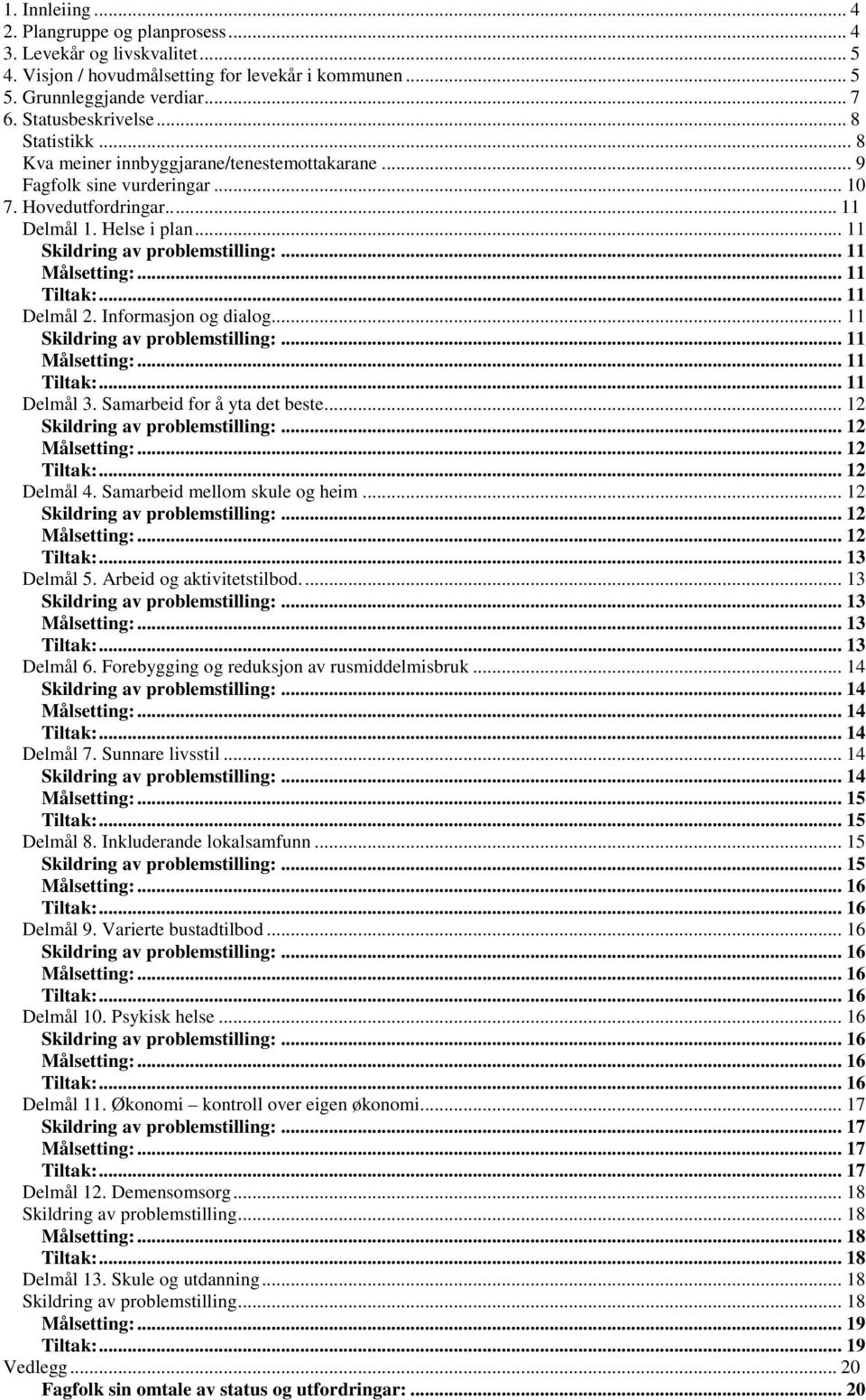 .. 11 Målsetting:... 11 Tiltak:... 11 Delmål 2. Informasjon og dialog... 11 Skildring av problemstilling:... 11 Målsetting:... 11 Tiltak:... 11 Delmål 3. Samarbeid for å yta det beste.