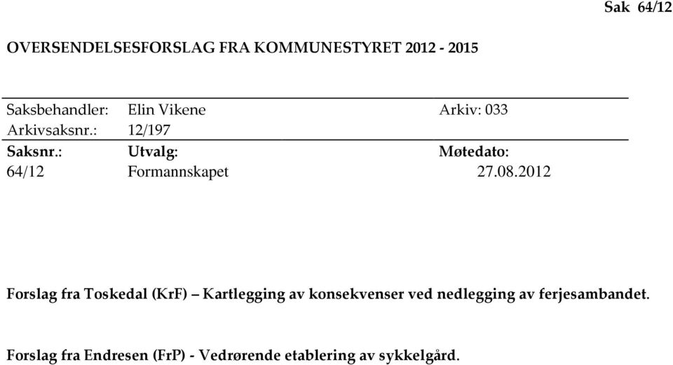 : Utvalg: Møtedato: 64/12 Formannskapet 27.08.