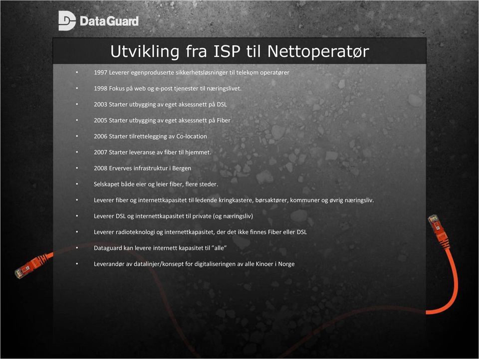 2008 Erverves infrastruktur i Bergen Selskapet både eier og leier fiber, flere steder. Leverer fiber og internettkapasitet til ledende kringkastere, børsaktører, kommuner og øvrig næringsliv.