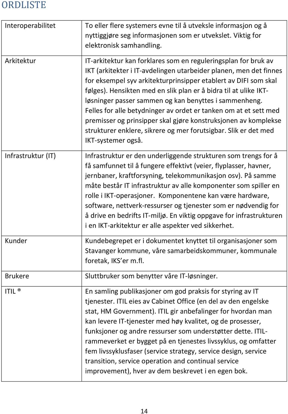 IT-arkitektur kan forklares som en reguleringsplan for bruk av IKT (arkitekter i IT-avdelingen utarbeider planen, men det finnes for eksempel syv arkitekturprinsipper etablert av DIFI som skal