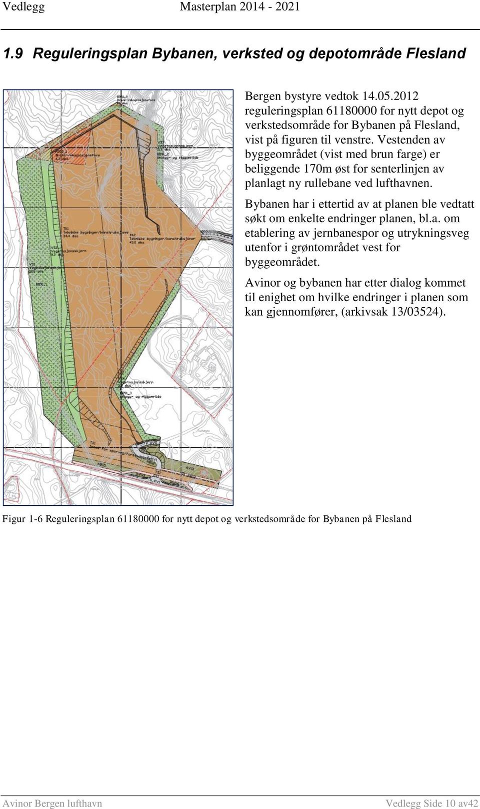 Vestenden av byggeområdet (vist med brun farge) er beliggende 170m øst for senterlinjen av planlagt ny rullebane ved lufthavnen.