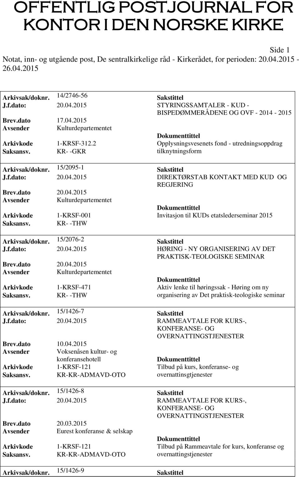 2015 DIREKTØRSTAB KONTAKT MED KUD OG REGJERING Avsender Kulturdepartementet Arkivkode 1-KRSF-001 Invitasjon til KUDs etatslederseminar 2015 Saksansv. KR- -THW Arkivsak/doknr. 15/2076-2 Sakstittel J.f.