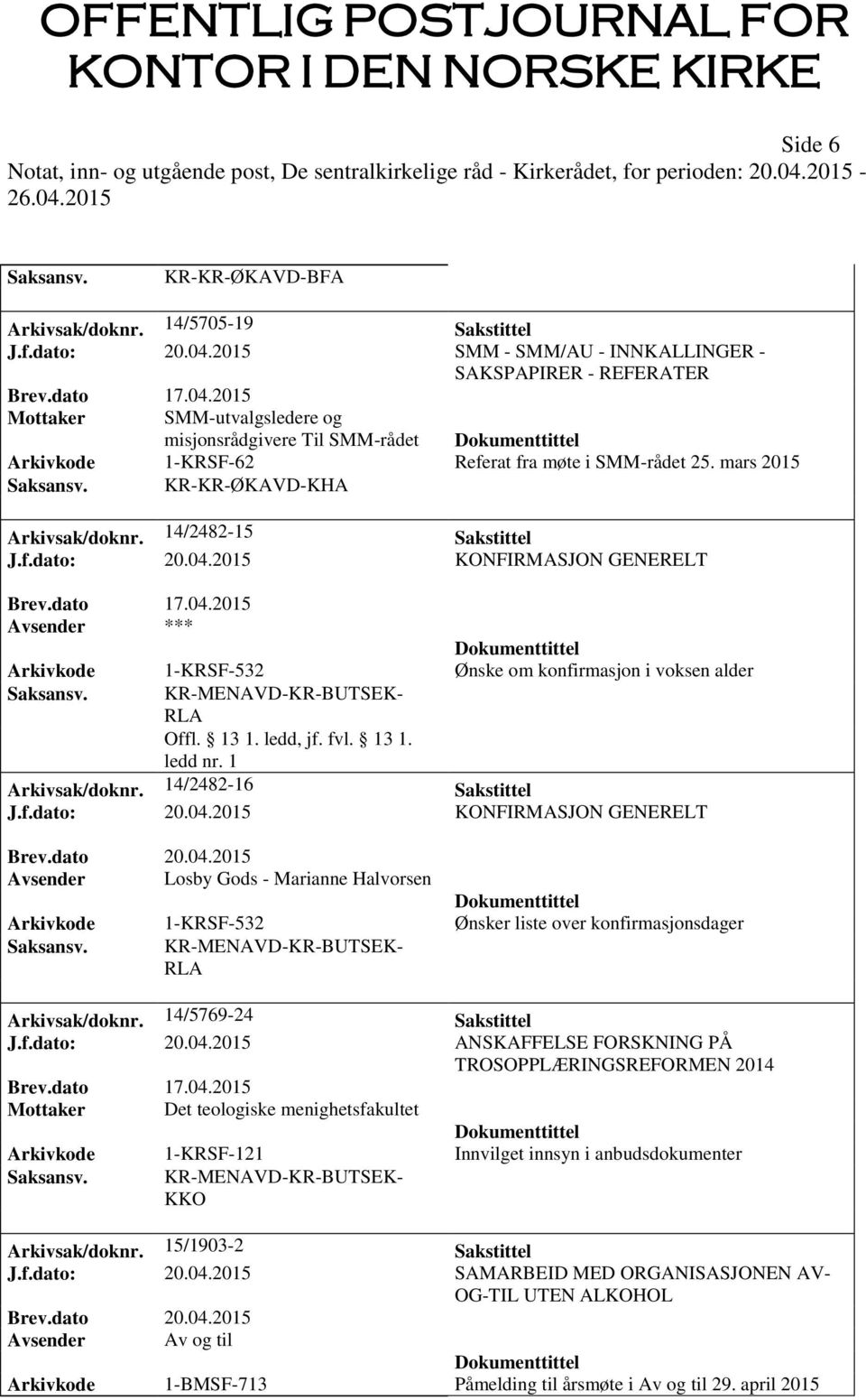 mars 2015 Saksansv. KR-KR-ØKAVD-KHA Arkivsak/doknr. 14/2482-15 Sakstittel J.f.dato: 20.04.2015 KONFIRMASJON GENERELT Brev.dato 17.04.2015 Avsender *** Arkivkode 1-KRSF-532 Ønske om konfirmasjon i voksen alder Saksansv.