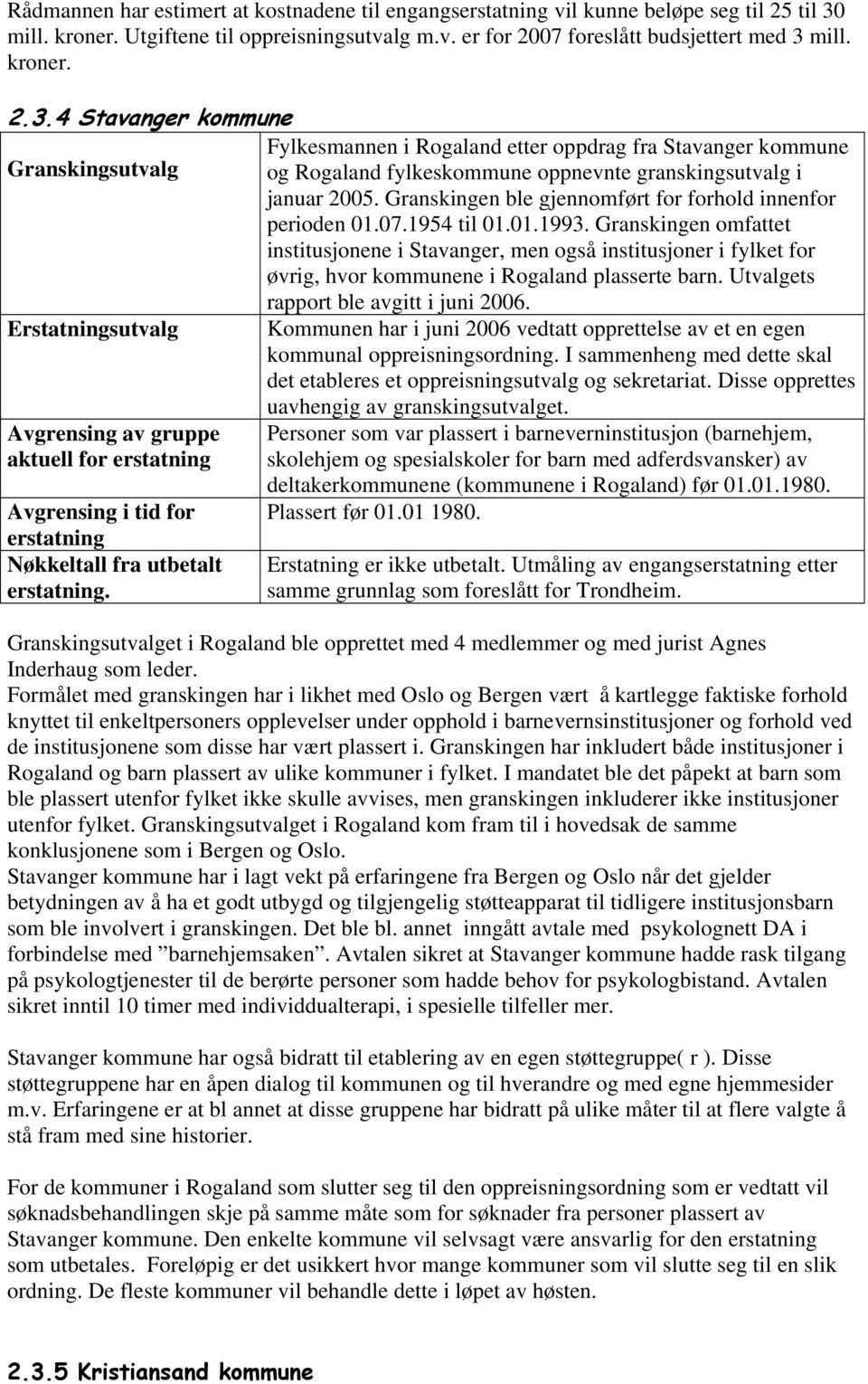 mill. kroner. 2.3.4 Stavanger kommune Fylkesmannen i Rogaland etter oppdrag fra Stavanger kommune Granskingsutvalg og Rogaland fylkeskommune oppnevnte granskingsutvalg i januar 2005.