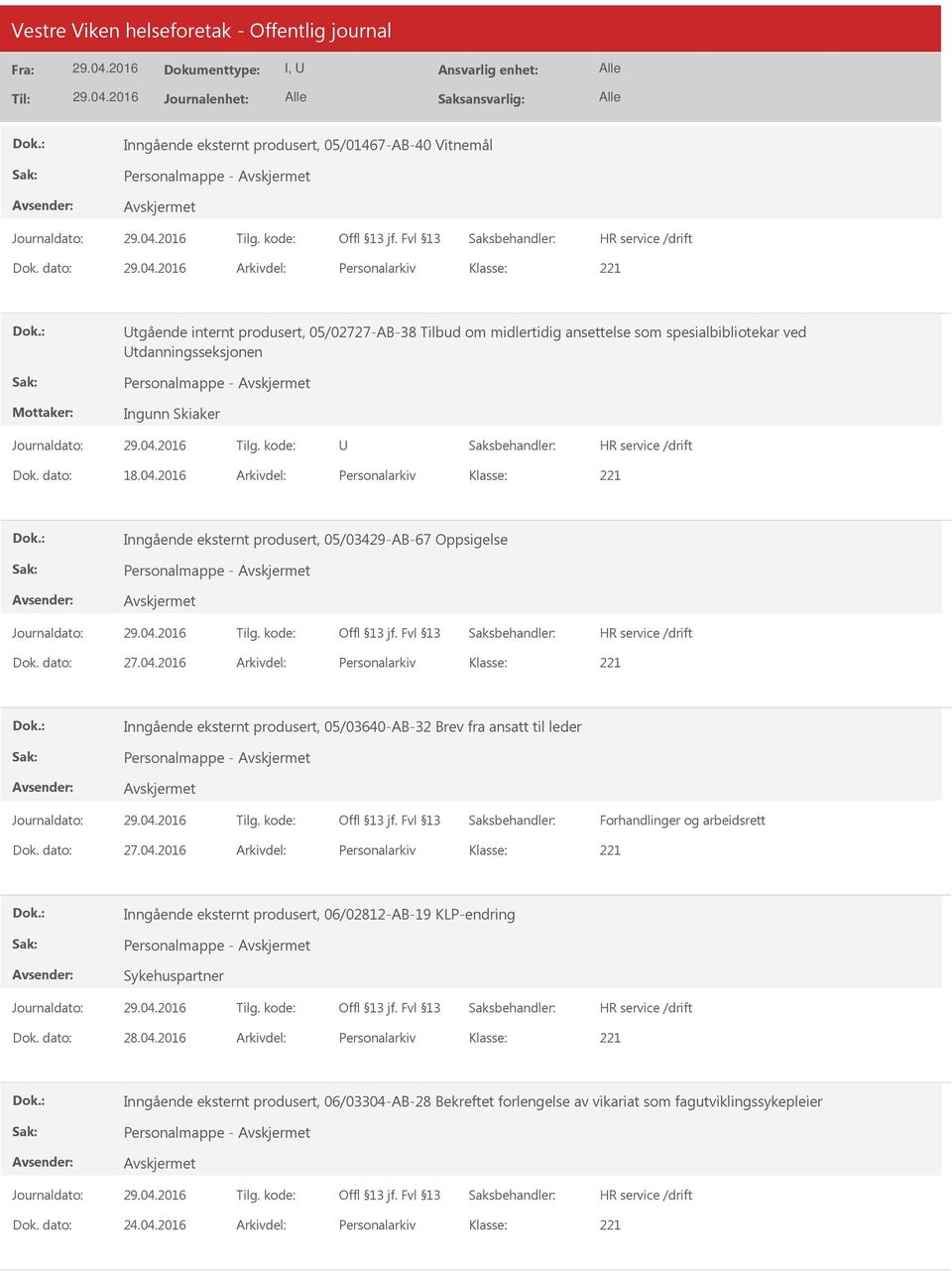 2016 Arkivdel: Personalarkiv Inngående eksternt produsert, 05/03429-AB-67 Oppsigelse Personalmappe - Dok. dato: 27.04.