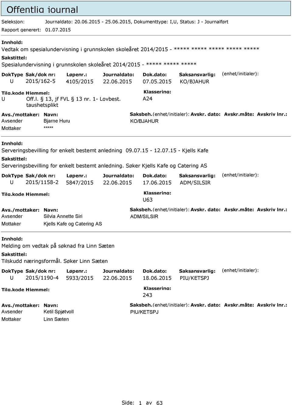 05.2015 KO/BJAHR A24 Avs./mottaker: Navn: Saksbeh. Avskr. dato: Avskr.måte: Avskriv lnr.: Avsender Bjarne Huru KO/BJAHR Mottaker ***** Serveringsbevilling for enkelt bestemt anledning 09.07.