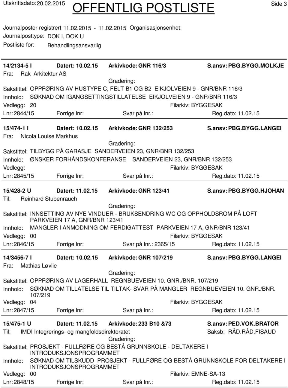 Forrige lnr: Svar på lnr.: 15/474-1 I Datert: 10.02.15 Arkivkode:GNR 132/253 S.ansv: PBG.BYGG.