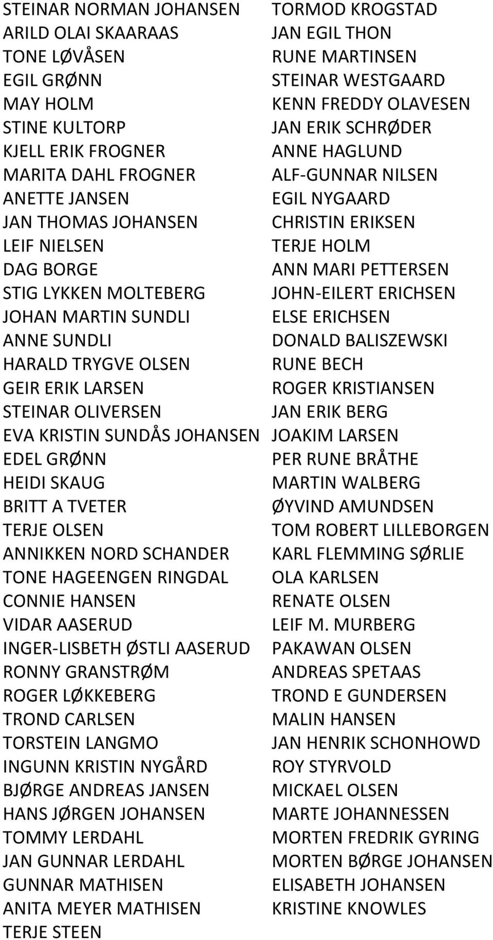 TONE HAGEENGEN RINGDAL CONNIE HANSEN VIDAR AASERUD INGER-LISBETH ØSTLI AASERUD RONNY GRANSTRØM ROGER LØKKEBERG TROND CARLSEN TORSTEIN LANGMO INGUNN KRISTIN NYGÅRD BJØRGE ANDREAS JANSEN HANS JØRGEN