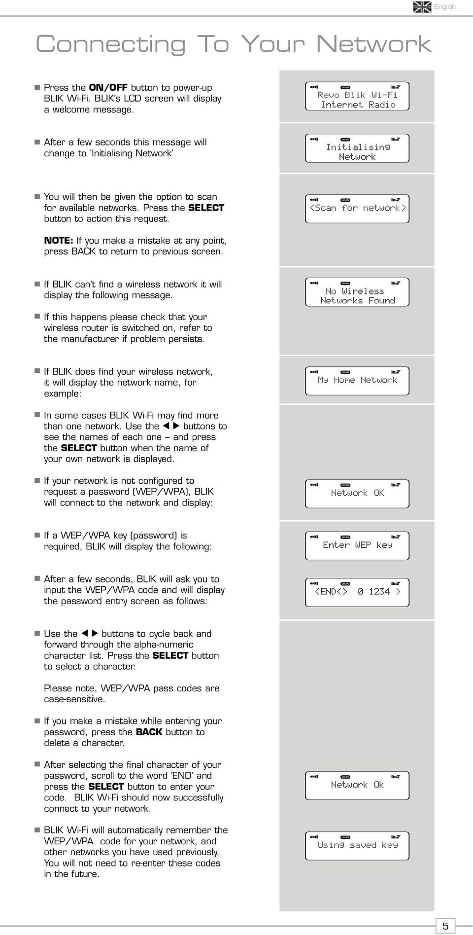 NOTE: If you make a mistake at any point, press BACK to return to previous screen. Revo Uno If BLIK can t find a wireless network Digital it will Radio display the following message. Setting clock.