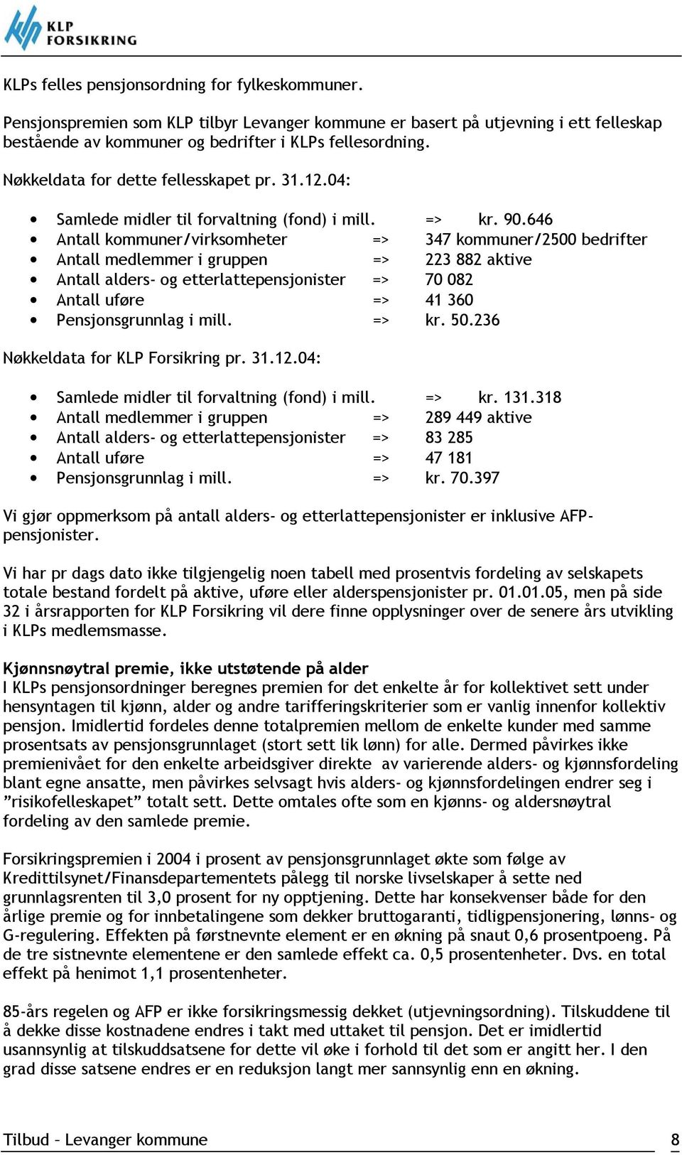 646 Antall kommuner/virksomheter => 347 kommuner/2500 bedrifter Antall medlemmer i gruppen => 223 882 aktive Antall alders- og etterlattepensjonister => 70 082 Antall uføre => 41 360 Pensjonsgrunnlag