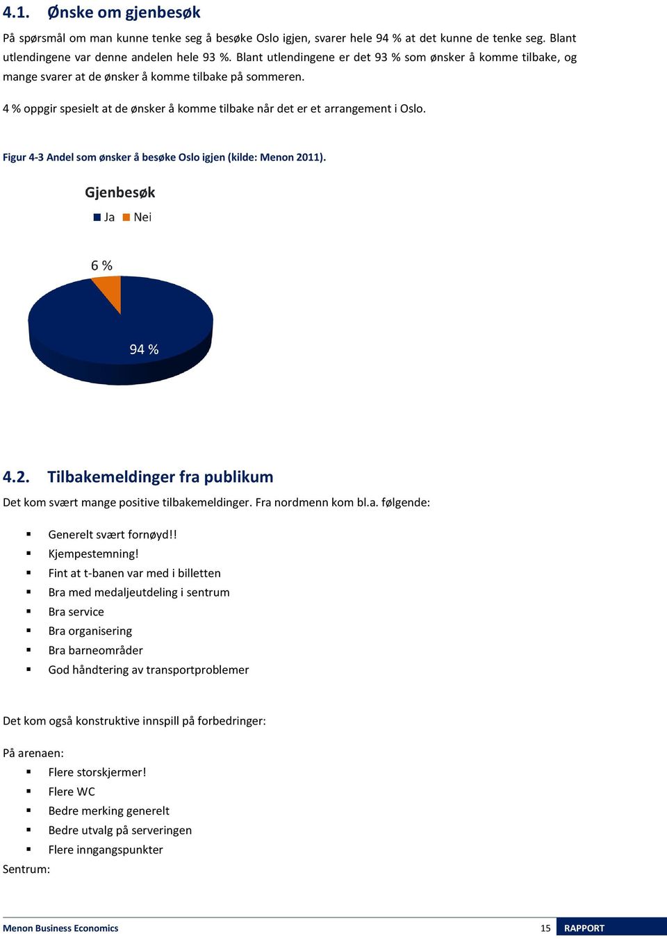 Figur 4-3 Andel som ønsker å besøke Oslo igjen (kilde: Menon 2011). 4.2. Tilbakemeldinger fra publikum Det kom svært mange positive tilbakemeldinger. Fra nordmenn kom bl.a. følgende: Generelt svært fornøyd!