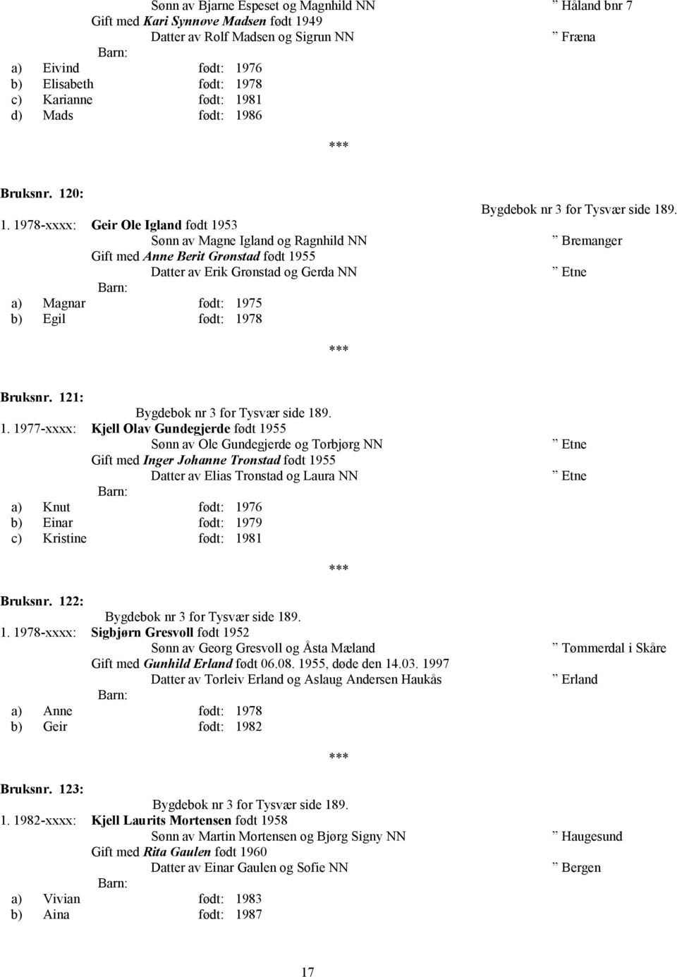 1978-xxxx: Geir Ole Igland født 1953 Magne Igland og Ragnhild NN Gift med Anne Berit Grønstad født 1955 Erik Grønstad og Gerda NN a) Magnar født: 1975 b) Egil født: 1978 Bygdebok nr 3 for Tysvær side