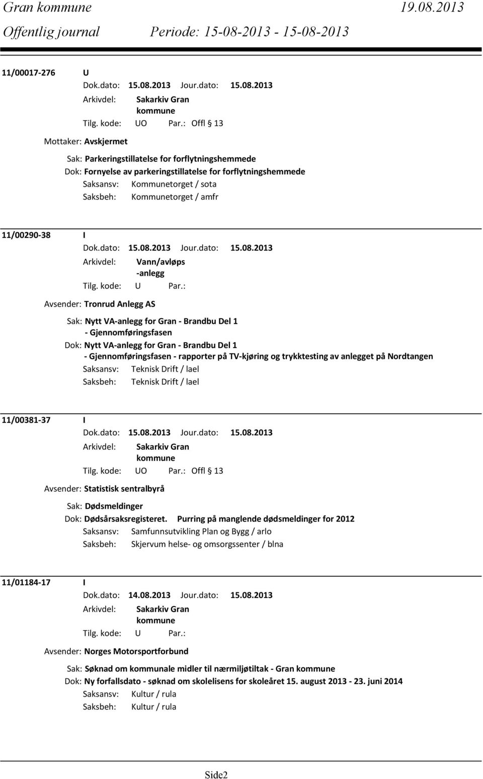 Kommunetorget / amfr 11/00290-38 I Arkivdel: Vann/avløps -anlegg Avsender: Tronrud Anlegg AS Sak: Nytt VA-anlegg for Gran - Brandbu Del 1 - Gjennomføringsfasen Dok: Nytt VA-anlegg for Gran - Brandbu