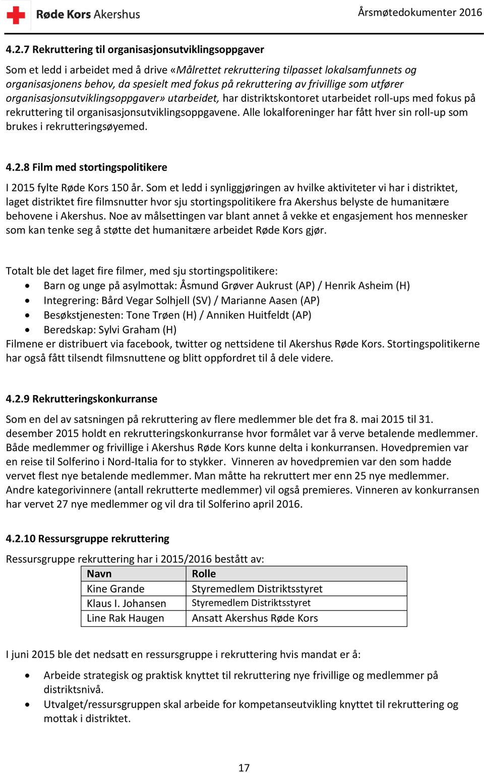 Alle lokalforeninger har fått hver sin roll-up som brukes i rekrutteringsøyemed. 4.2.8 Film med stortingspolitikere I 2015 fylte Røde Kors 150 år.