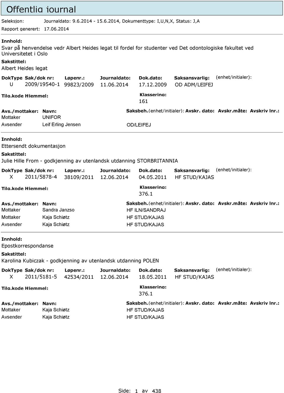 2009 OD ADM/LEFEJ 161 Avs./mottaker: Navn: Saksbeh. Avskr. dato: Avskr.måte: Avskriv lnr.