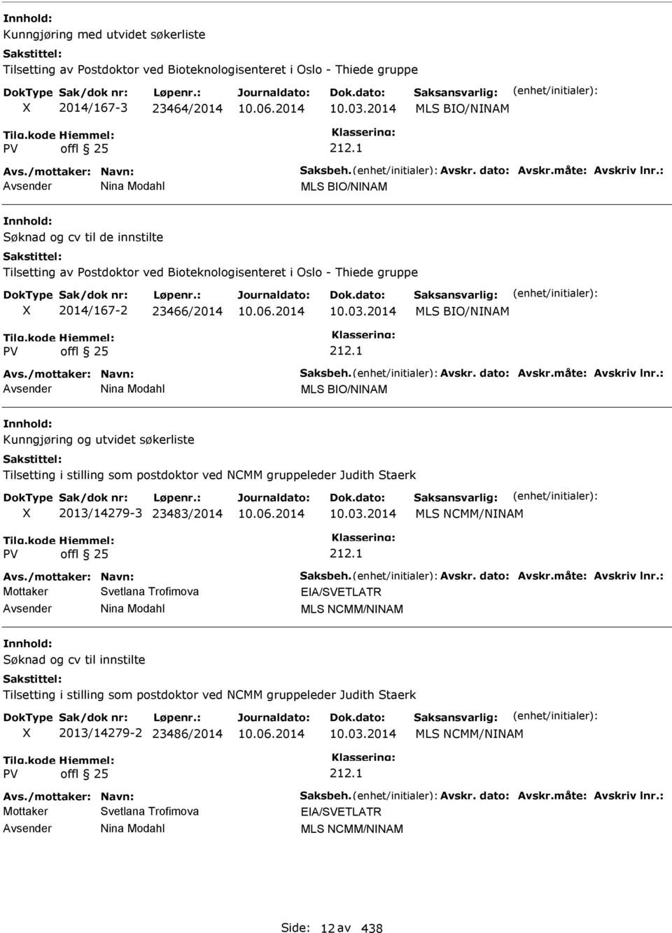 2014 MLS BO/NNAM 212.1 Avs./mottaker: Navn: Saksbeh. Avskr. dato: Avskr.måte: Avskriv lnr.