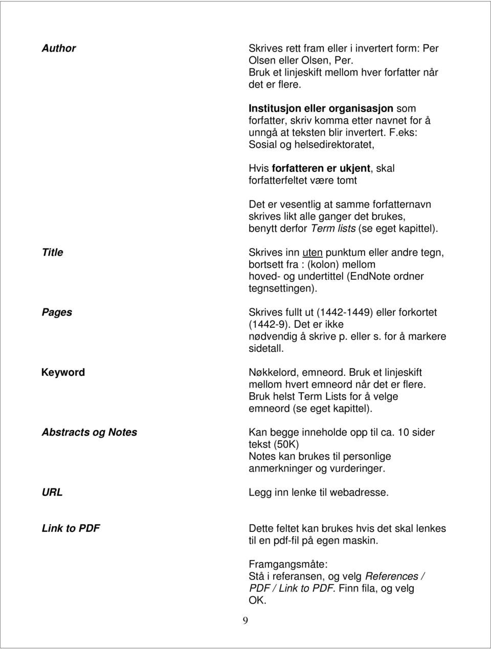 eks: Sosial og helsedirektoratet, Hvis forfatteren er ukjent, skal forfatterfeltet være tomt Det er vesentlig at samme forfatternavn skrives likt alle ganger det brukes, benytt derfor Term lists (se