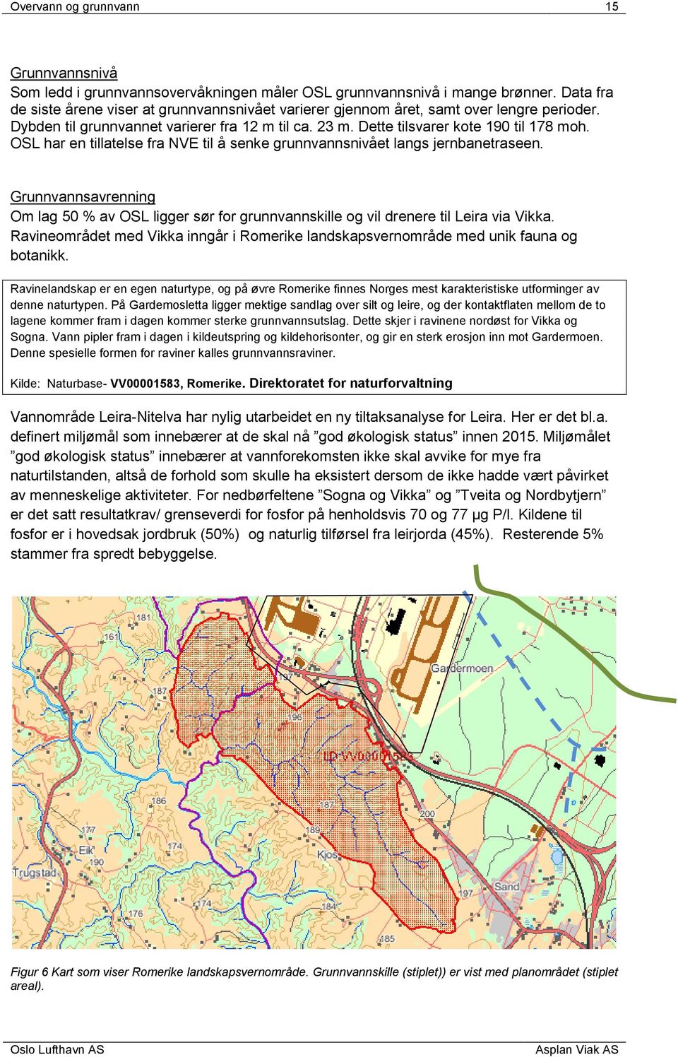 Grunnvannsavrenning Om lag 50 % av OSL ligger sør for grunnvannskille og vil drenere til Leira via Vikka. Ravineområdet med Vikka inngår i Romerike landskapsvernområde med unik fauna og botanikk.