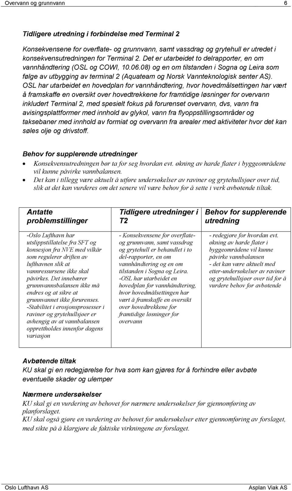 OSL har utarbeidet en hovedplan for vannhåndtering, hvor hovedmålsettingen har vært å framskaffe en oversikt over hovedtrekkene for framtidige løsninger for overvann inkludert Terminal 2, med