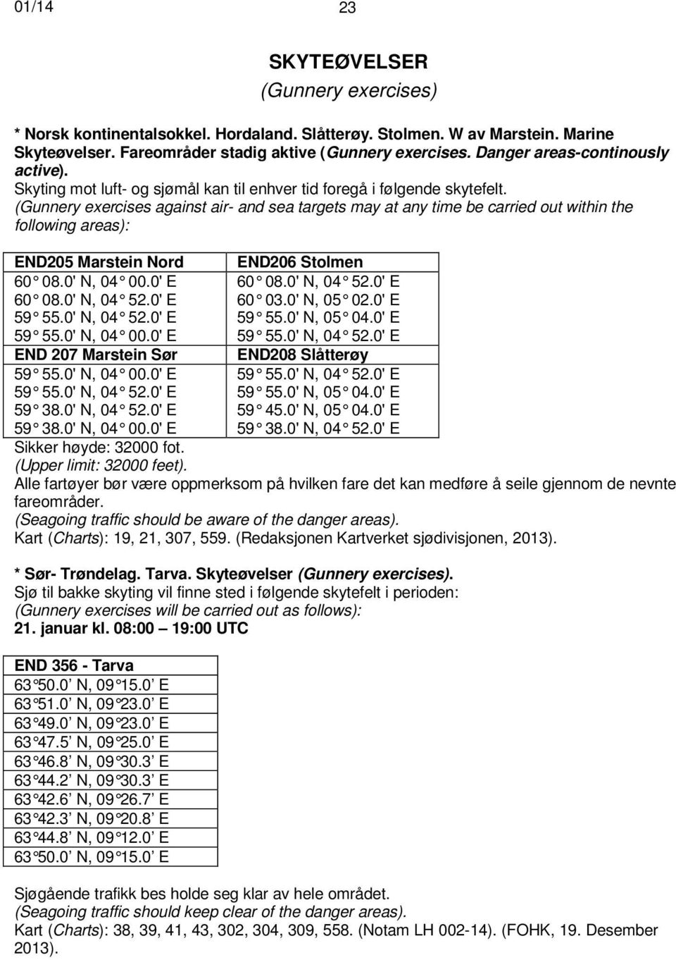 (Gunnery exercises against air- and sea targets may at any time be carried out within the following areas): END205 Marstein Nord END206 Stolmen 60 08.0' N, 04 00.0' E 60 08.0' N, 04 52.0' E 60 08.0' N, 04 52.0' E 60 03.
