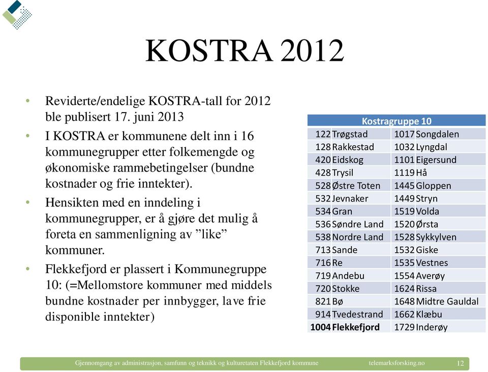 Hensikten med en inndeling i kommunegrupper, er å gjøre det mulig å foreta en sammenligning av like kommuner.