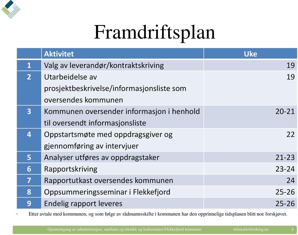 Rapportskriving 23-24 7 Rapportutkast oversendes kommunen 24 8 Oppsummeringsseminar i Flekkefjord 25-26 9 Endelig rapport leveres 25-26 Etter avtale med kommunen, og som følge av