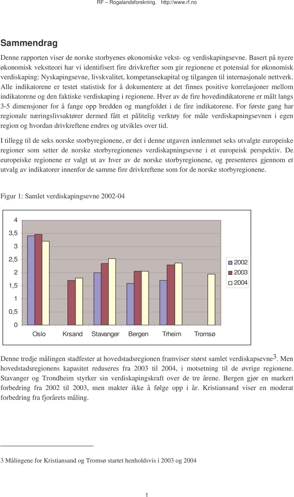 internasjonale nettverk. Alle indikatorene er testet statistisk for å dokumentere at det finnes positive korrelasjoner mellom indikatorene og den faktiske verdiskaping i regionene.