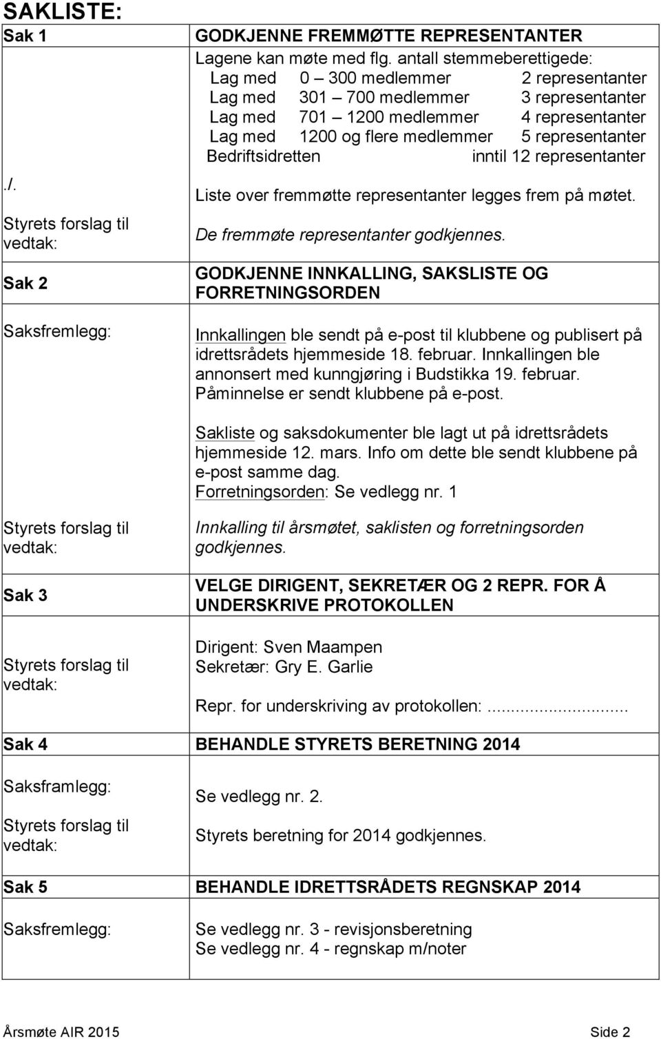 representanter Bedriftsidretten inntil 12 representanter Liste over fremmøtte representanter legges frem på møtet. De fremmøte representanter godkjennes.