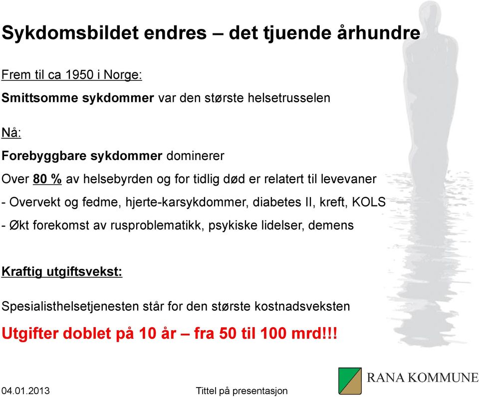 hjerte-karsykdommer, diabetes II, kreft, KOLS - Økt forekomst av rusproblematikk, psykiske lidelser, demens Kraftig utgiftsvekst: