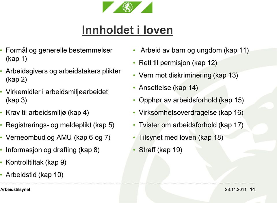 Arbeidstid (kap 10) Arbeid av barn og ungdom (kap 11) Rett til permisjon (kap 12) Vern mot diskriminering (kap 13) Ansettelse (kap 14) Opphør av