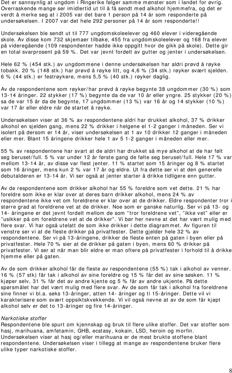 I 2007 var det hele 292 personer på 14 år som responderte!! Undersøkelsen ble sendt ut til 777 ungdomskoleelever og 460 elever i videregående skole.