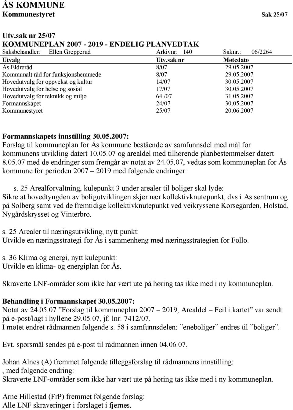 05.2007 Formannskapet 24/07 30.05.2007 Kommunestyret 25/07 20.06.2007 Formannskapets innstilling 30.05.2007: Forslag til kommuneplan for Ås kommune bestående av samfunnsdel med mål for kommunens utvikling datert 10.