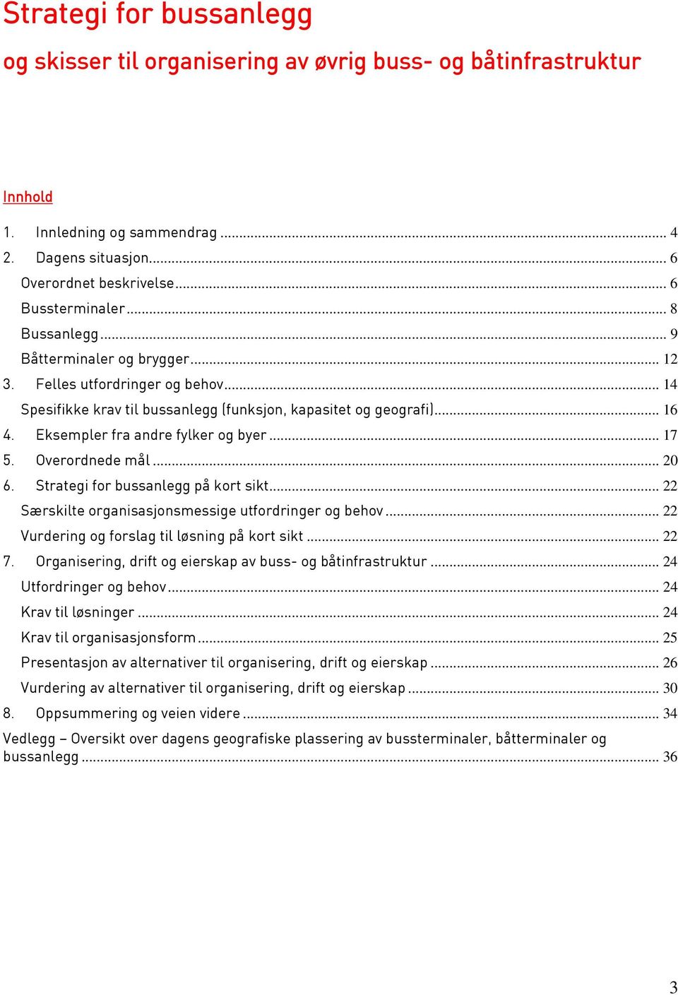 .. 17 5. Overordnede mål... 20 6. Strategi for bussanlegg på kort sikt... 22 Særskilte organisasjonsmessige utfordringer og behov... 22 Vurdering og forslag til løsning på kort sikt... 22 7.