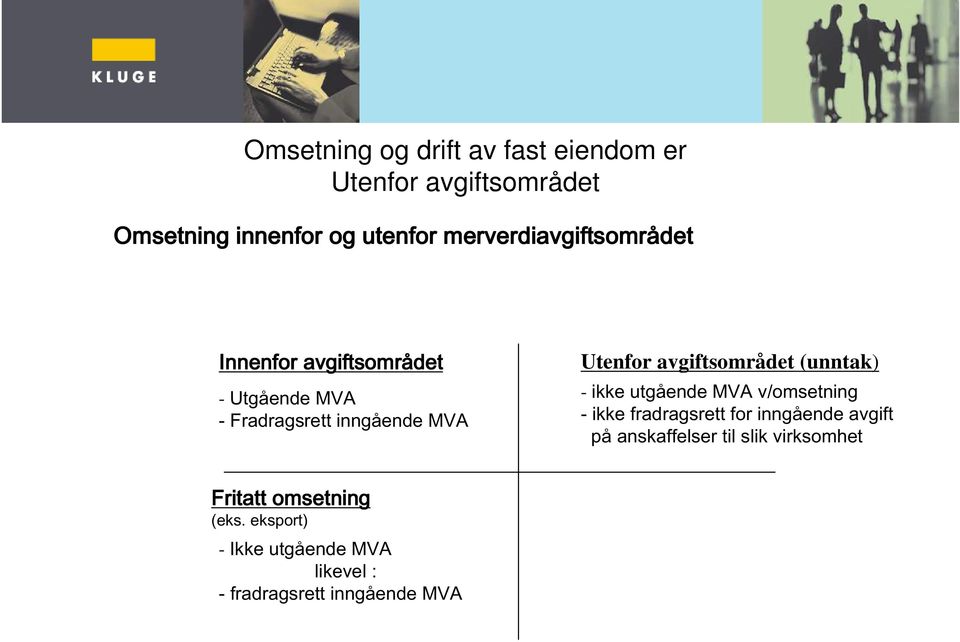 avgiftsområdet (unntak) - ikke utgående MVA v/omsetning - ikke fradragsrett for inngående avgift på