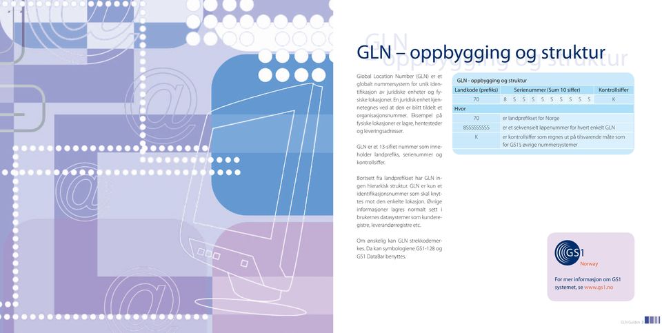 GLN er et 13-sifret nummer som inneholder landprefiks, serienummer og kontrollsiffer.