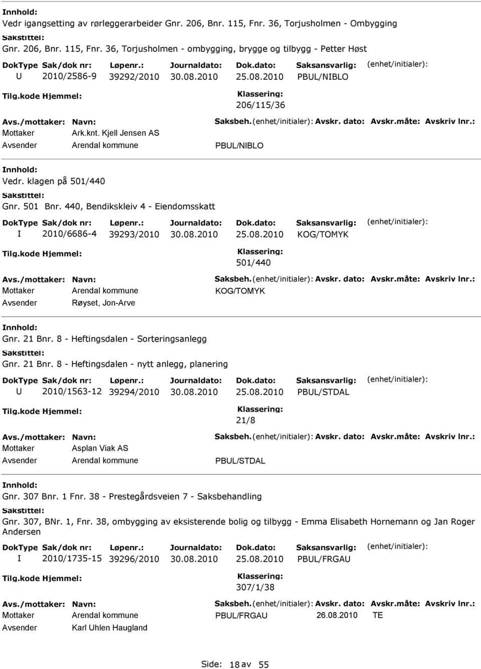 8 - Heftingsdalen - Sorteringsanlegg Gnr. 21 Bnr. 8 - Heftingsdalen - nytt anlegg, planering 2010/1563-12 39294/2010 PBL/STDAL 21/8 Mottaker Asplan Viak AS PBL/STDAL Gnr. 307 Bnr. 1 Fnr.