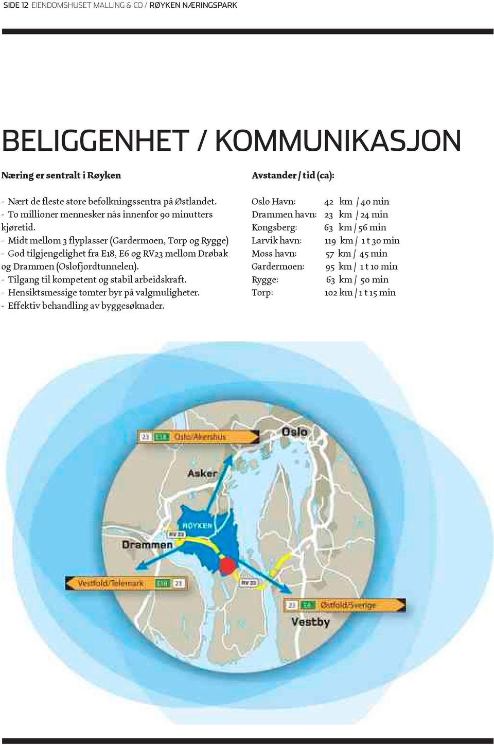 - Midt mellom 3 flyplasser (Gardermoen, Torp og Rygge) - God tilgjengelighet fra E18, E6 og RV23 mellom Drøbak og Drammen (Oslofjordtunnelen).